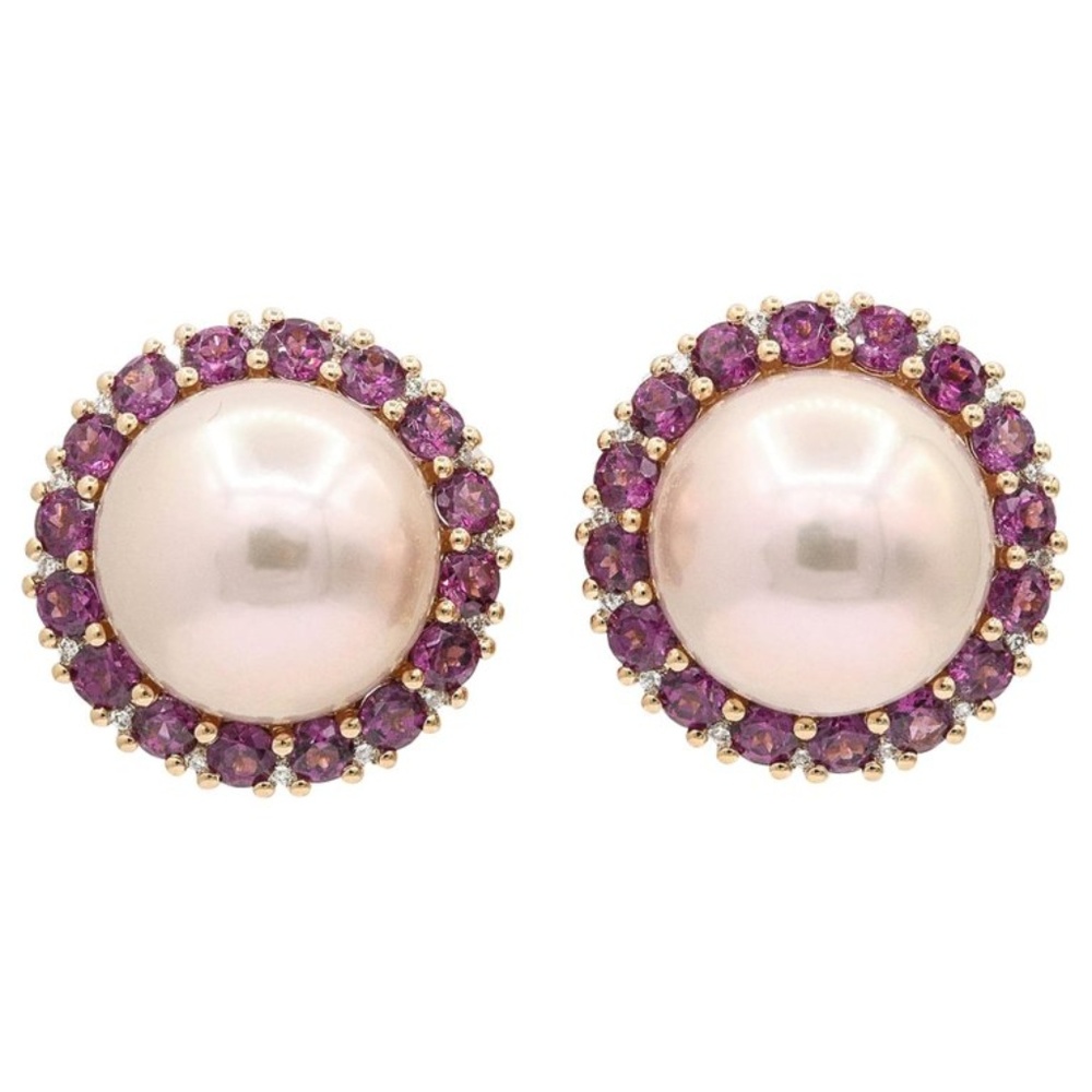 Rhodolite Cultured Pearl Stud Earrings 3.82 CTS